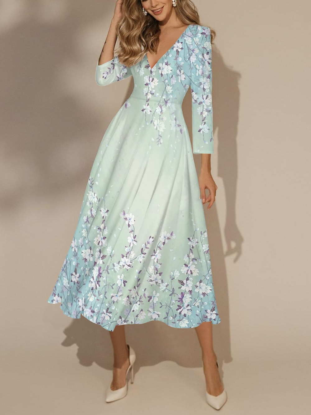 Women's Maxi Dress Swing Dress Semi Formal Dress Floral Dress Print Dress Fashion Streetwear Modern Formal Outdoor Vacation Regular Fit Floral 3/4 Length Sleeve V Neck Yellow Pink Blue 2025 - $36.99 –P2