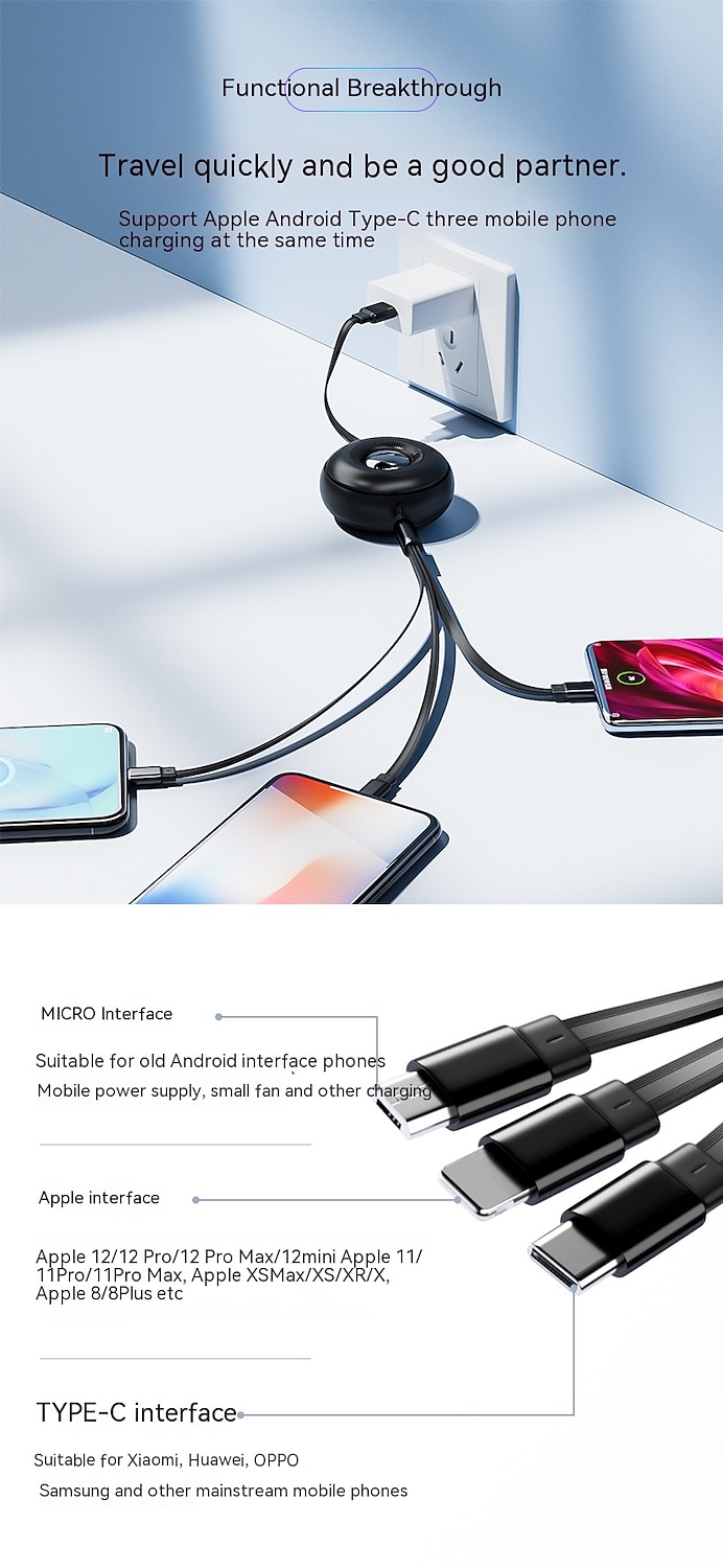 Multi Charging Cable 6A 1Pack 4ft 3 In 1 Retractable Charging Cord Multi USB Cable Fast Charger Cord Adapter With IPhone/Type C/Micro USB Port For Cell Phones/IPhone/Samsung Galaxy/Ps/Tablets And More 2025 - $14.99 –P4