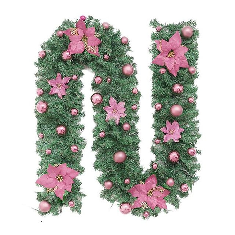 8,8 láb/2,7 m mesterséges karácsonyi füzér lépcsőház dekoráció zöld rattan virágdíszekkel otthoni lépcsők kandalló bejárati veranda ajtó bemutató beltéri kültéri karácsonyi dekoráció 2025 - $29.99 –P7