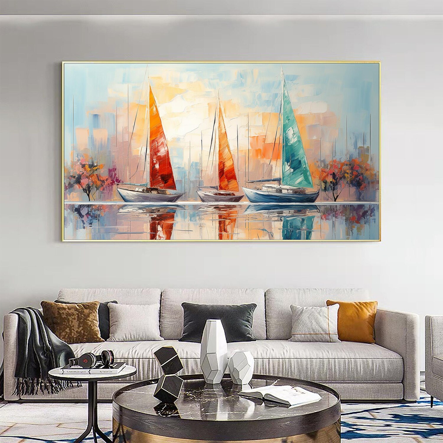 peinture à l'huile faite à la main toile mur art décor original voilier coloré en entier pour la décoration intérieure avec cadre étiré sans peinture de cadre intérieur de 2025 ? $158.99 –P13
