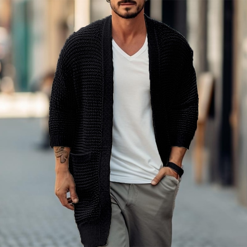 Pánské Svetr Svetr Cardigan Rýhovaný Plést Dlouhé Kapsy Pletený Bez vzoru Otevřený vepředu protažení Moderní soudobé Denní nošení Jdeme ven Oblečení Zima Podzim Černá Bílá S M L 2025 - $30.99 –P5