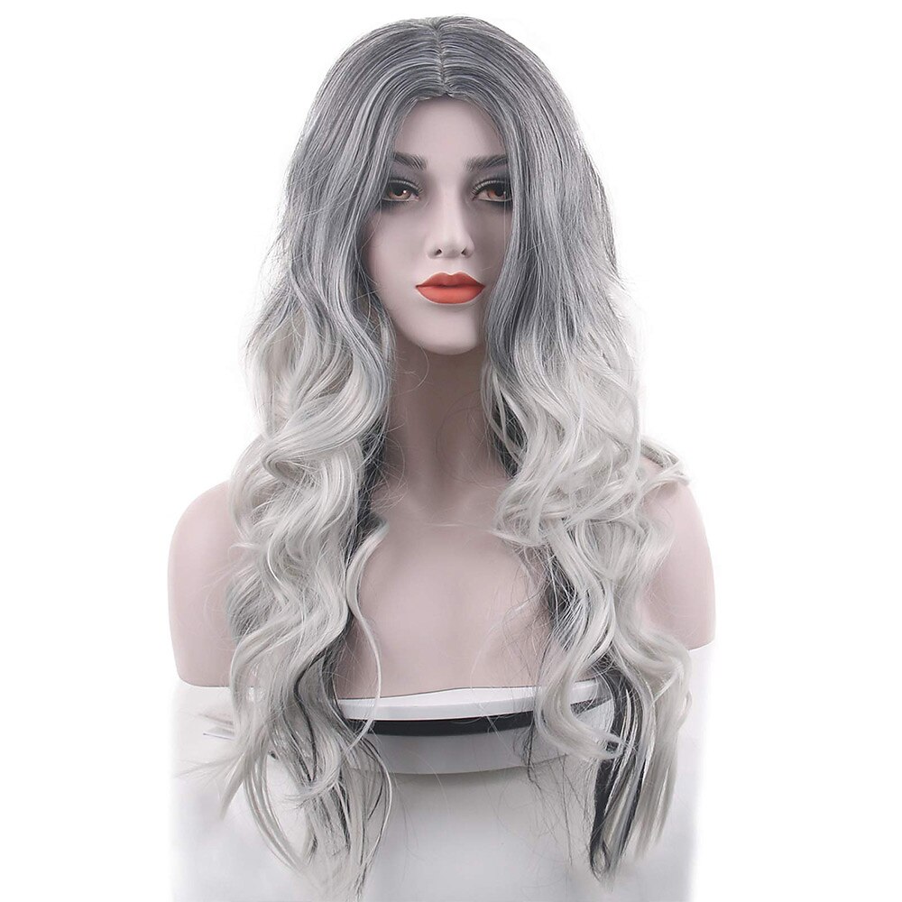 parrucche costume grigio argento per le donne halloween ricci ondulati lunghi moda cosplay ombre nero mix parrucche di capelli grigi del 2025 a $22.99 –P1