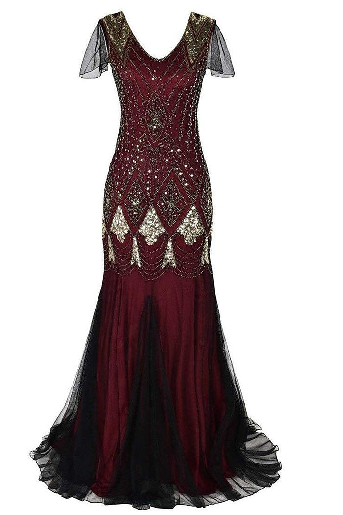 Goldene Zwanziger 1920er Bodenlang Kleid Abendkleid Weihnachtsfeier Kleid Kurze Ärmel Der große Gatsby Hochzeitsgast Pailletten V Ausschnitt Kostüm Damen Karneval Maskerade Abschlussball 2026 - $53.99 –P9