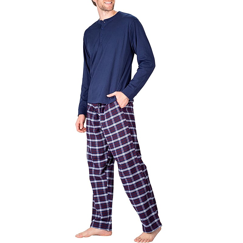 Per uomo loungewear Pigiami Set pigiama Top e pantalone del pigiama 2 pezzi A quadri Moda Informale Comoda Interni Giornaliero Misto cotone Comfort Henley Manica lunga maglietta Pantalone A del 2025 a $34.99 –P2