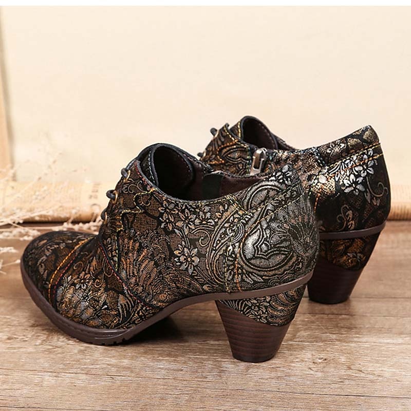 Edward-korabeli ihletésű vintage jacquard fűzős bőr bokacsizma vastag sarokkal, retró virágmintás rövid csizma nőknek 2025 - $109.99 –P7