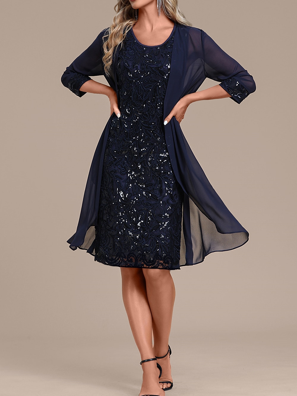 Women‘s Sequin Dress Party Dress Sparkly Dress Two Piece Dress Set Lace Dress Daily Vacation Fashion Mature Mesh Sequin Midi Dress Crew Neck Long Sleeve Plain Regular Fit Navy Blue Spring Fall 2023 - US $35.99 –P1