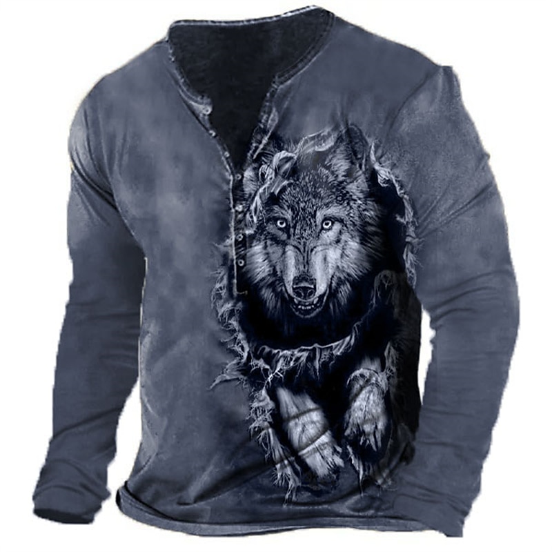 Men's Graphic Wolf Henley Shirt Long Sleeve 3D Print Fashion Daily Casual Casual Holiday Going out Spring & Fall Green Army Green Dark Blue Dark Gray Henley Henley T-Shirt 2025 - GBP £19 –P3