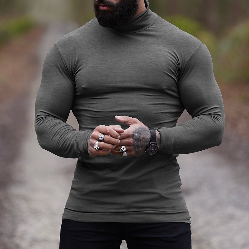 Herren T Shirt T-Shirt Langarmshirt Langarm Rollkragen Frühling & Herbst Einfach Mode Designer Basic Urlaub Straße Ausgehen Wein Aprikose Dunkelgrau Top T-Shirt für Herren 2025 - $23.99 –P19