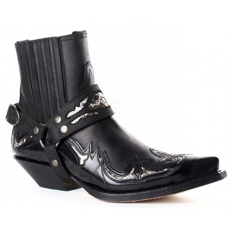 męskie czarne skórzane botki w stylu western z haftowanymi zdobieniami i metalową uprzężą - buty w stylu kowbojskim na rodeo, imprezy country i na co dzień 2025 - $54.99 –P1