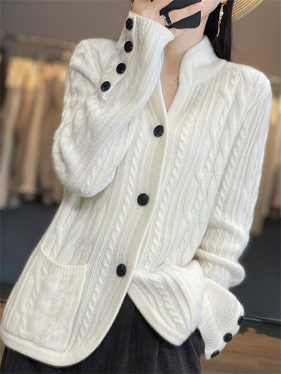 Women's Cardigan Sweater Stand Collar Cable Knit Rayon Button Pocket Fall Winter Outdoor Daily Going out Stylish Casual Soft Long Sleeve Solid Color White Brown Beige S M L 2023 - US $35.99 –P10