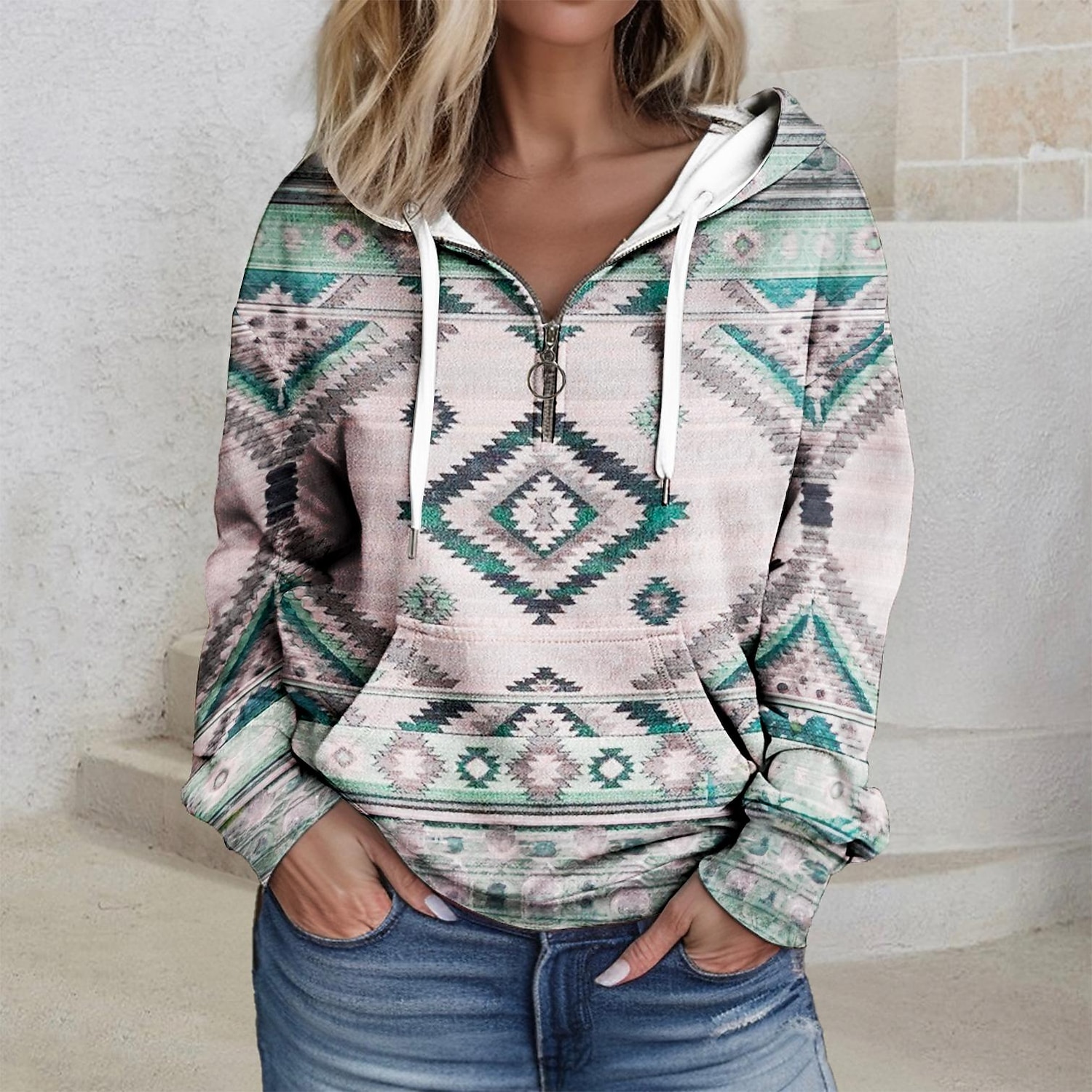 Women's Quarter Zipper Sweater Hoodie Hoodie Pullover Tribal Casual Sports Drawstring Front Pocket Quarter Active Ethnic Hoodie Long Sleeve Top  Comfrt Breathable Soft Fabric 2025 - $22.99 –P2