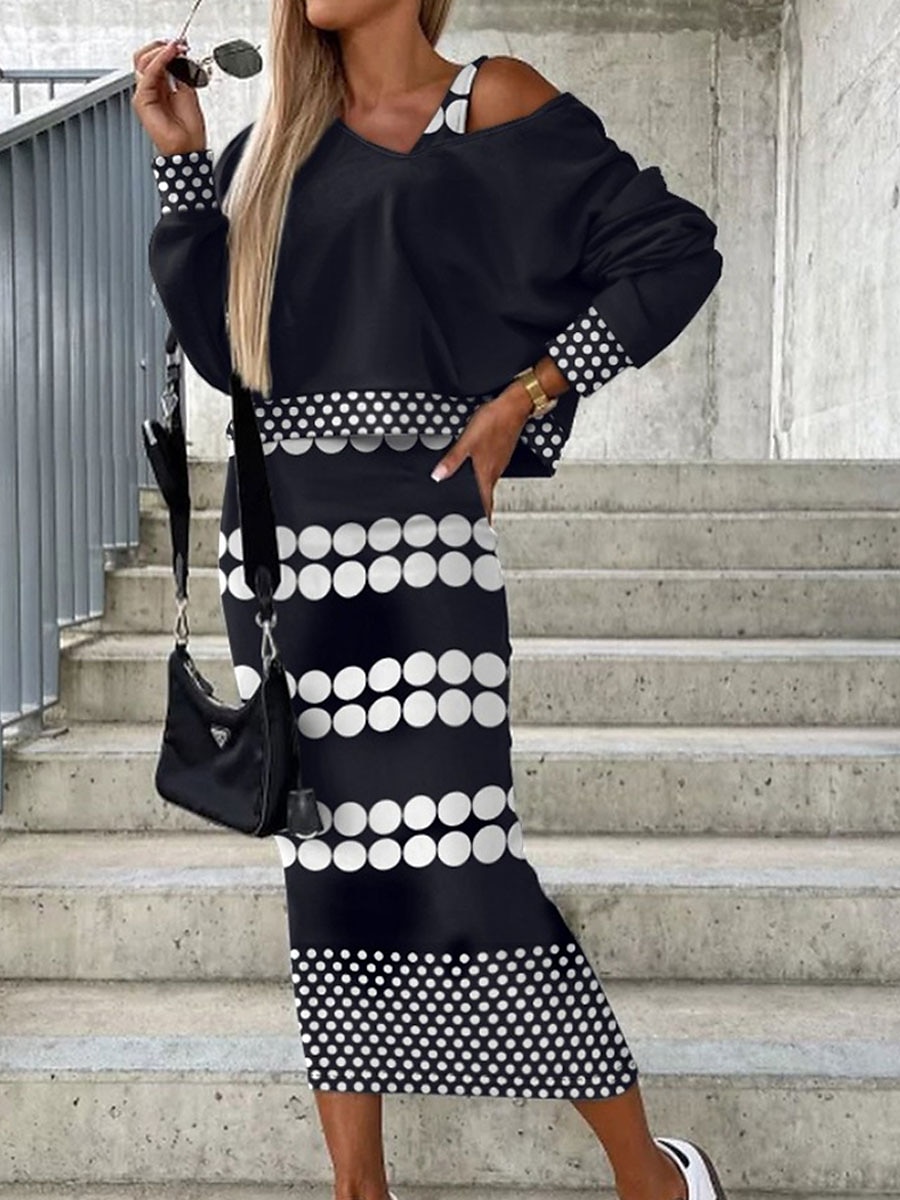 Pentru femei Set de rochii Rochie casual Set fuste Rochie teacă Modă Șic Stradă Floral Geometric Imprimeu Rochii Midi Manșon Lung În V În aer liber Vacanță Negru Alb Galben Toamnă Iarnă Potrivire 2025 - $34.99 –P4
