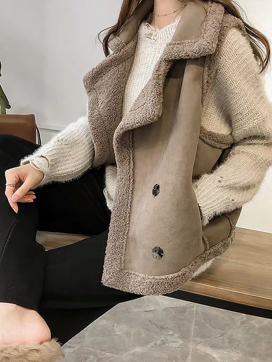 Women's Suede Vest Shearling Vest Fleece Lined Teddy Gilet Sleeveless Sherpa Jacket Winter Coat Fall Warm Windproof Lapel Coat Casual Street Plain  Khaki Beige Gray 2023 - US $31.99 –P3