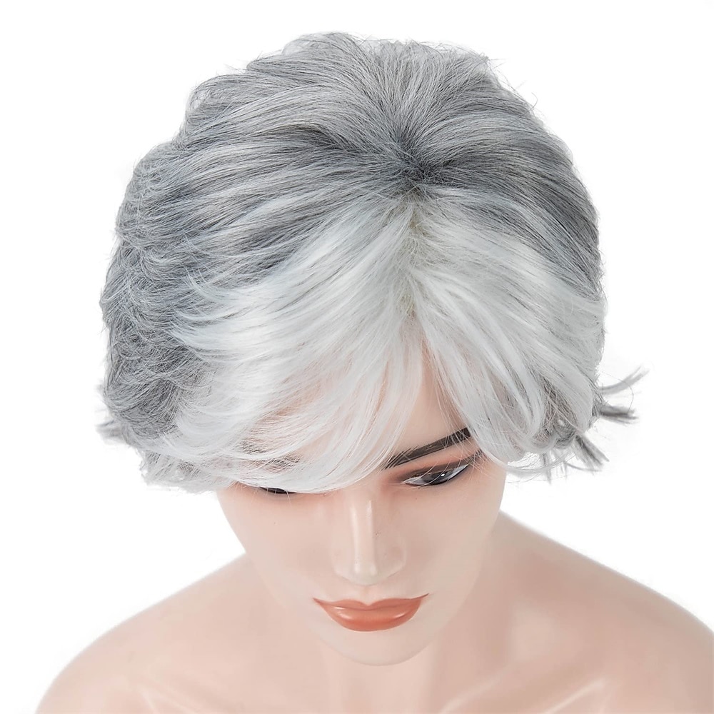 Short Grey Pixie Cut Wigs for Women layered Synthetic Hair Mixed Gray Wig with White Bangs Natural Wavy Wigs for Old Lady 2025 - $24.99 –P17