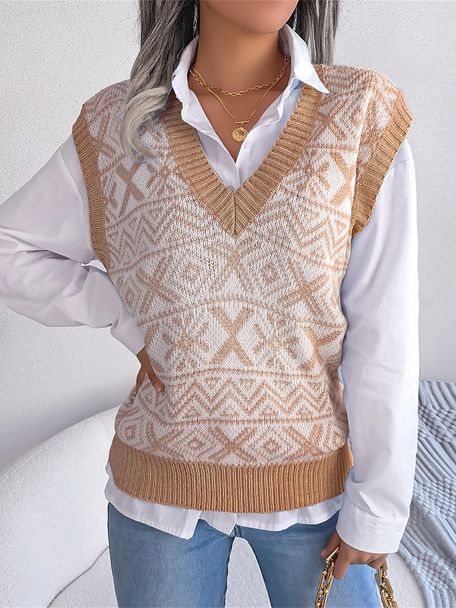 Women's Xmas Sweater Vest V Neck Ribbed Knit Acrylic Button Fall Winter Regular Outdoor Christmas Daily Stylish Casual Soft Sleeveless Snowflake Wine Blue Khaki S M L 2023 - US $27.99 –P13