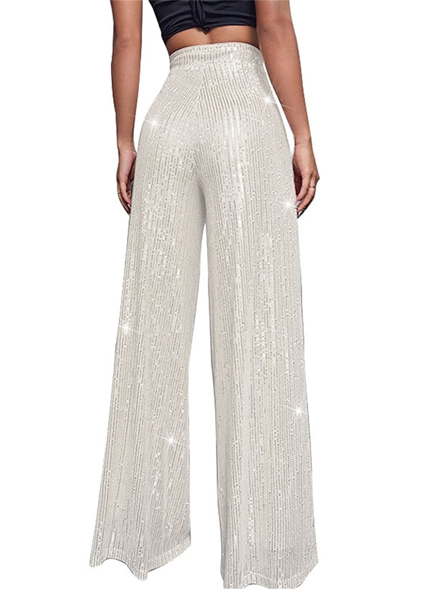 Women's Wide Leg Pants Trousers Sparkly Pants Elegant Fashion Sparkle Full Length High Waist Plain Sequins Comfy Micro-elastic Club Party Street Blue claret M beige Pink gold Summer Spring Regular Fit 2026 - $17.99 –P20