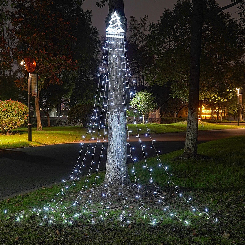 led juletrelys jule foss dekorasjon lys med topper 350 lysdioder 8 moduser innendørs solenergi utendørs lysstreng til hagefest hjemme ferie jul halloween Thanksgiving day 2025 - $36.99 –P3