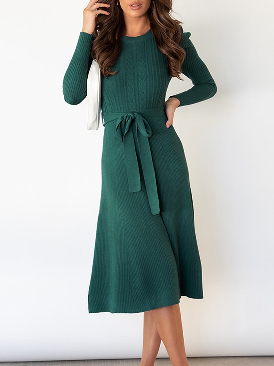 Women's Sweater Dress Jumper Dress Casual Dress Midi Dress Fashion Pure Color Outdoor Daily Vacation Going out Crew Neck Long Sleeve Tie Front Ruched 2023 Regular Fit Black Red Green S M L XL XXL 2023 - US $29.99 –P1