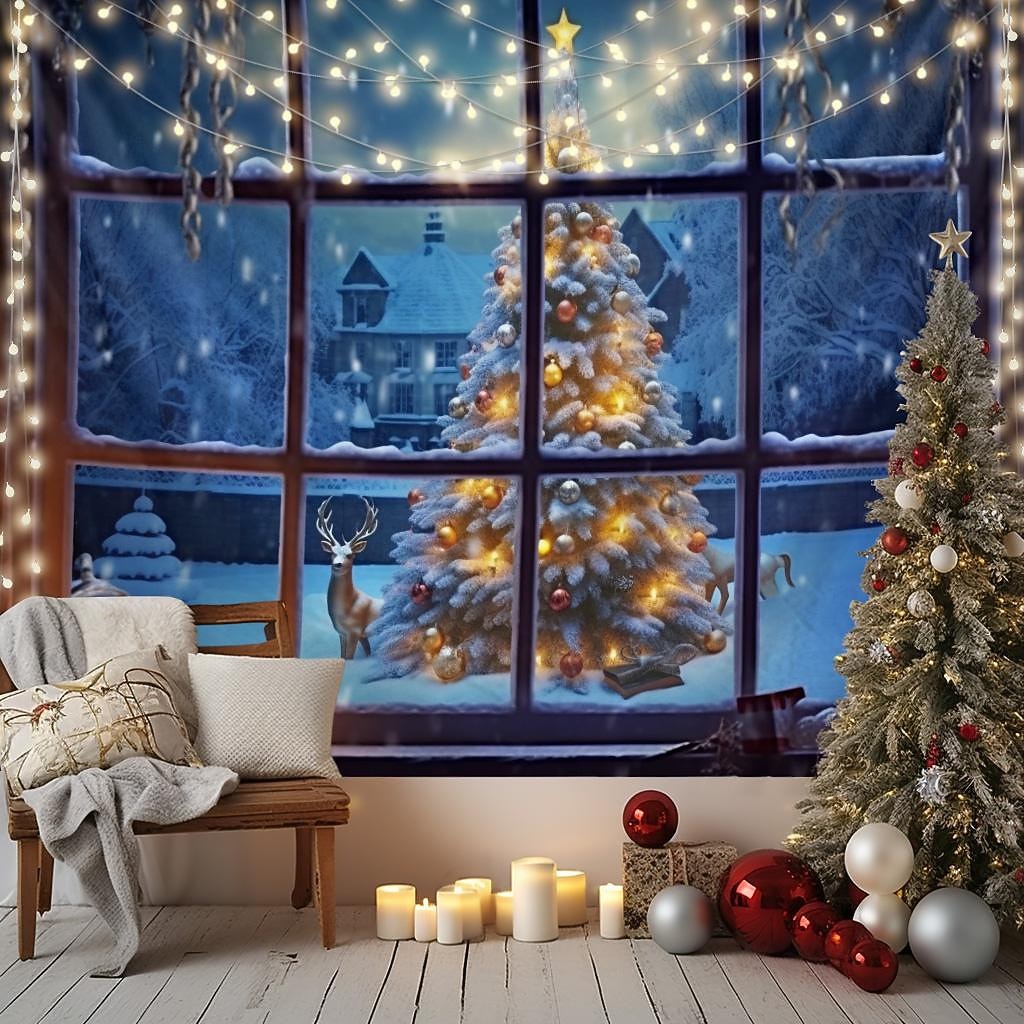 Christmas Decorations Hanging Tapestry Christmas Tree Winter Snow Wall Art Xmas Large Tapestry Mural Decor Photograph Backdrop Blanket Curtain Home Bedroom Living Room Decoration Window View 2025 - $14.49 –P3