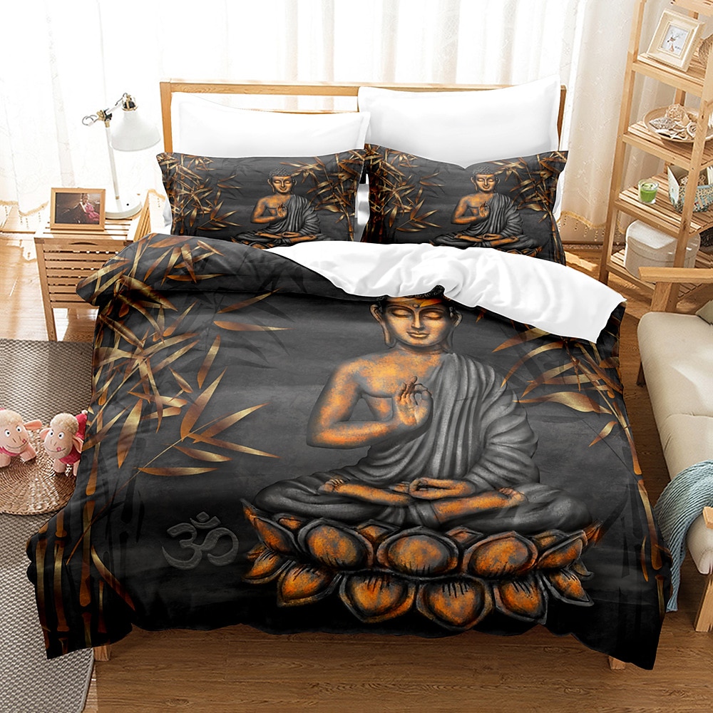 buddha mønstertrykk dynetrekk sengetøy sett dynetrekk med 1 trykktrykk dynetrekk eller trekk，2 putevar for dobbel/dronning/konge 2025 - $45.99 –P16