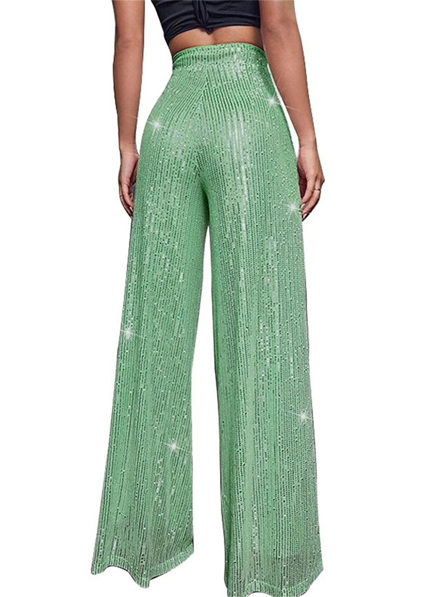 Women's Wide Leg Pants Trousers Sparkly Pants Elegant Fashion Sparkle Full Length High Waist Plain Sequins Comfy Micro-elastic Club Party Street Blue claret M beige Pink gold Summer Spring Regular Fit 2026 - $17.99 –P16