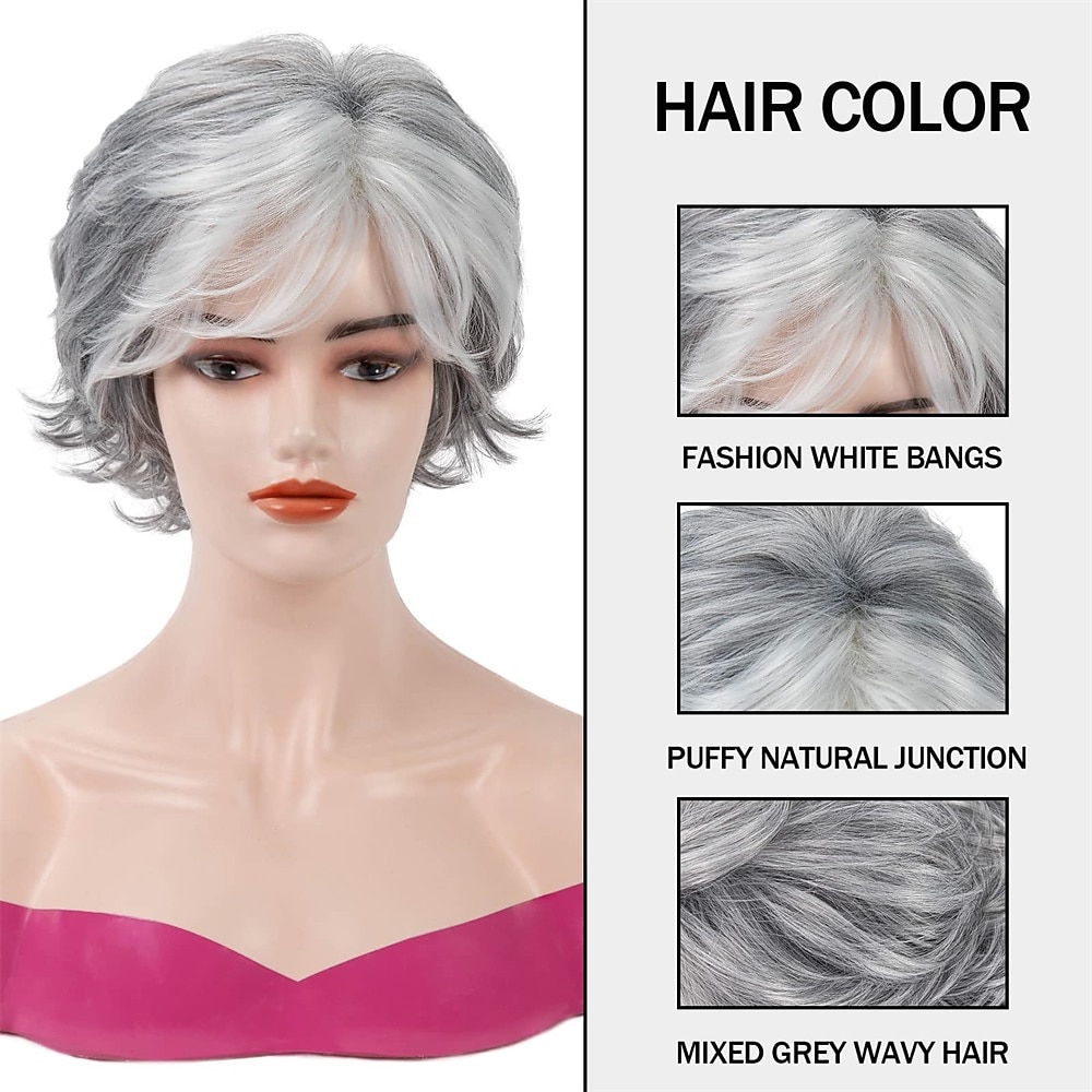 Short Grey Pixie Cut Wigs for Women layered Synthetic Hair Mixed Gray Wig with White Bangs Natural Wavy Wigs for Old Lady 2025 - $24.99 –P16