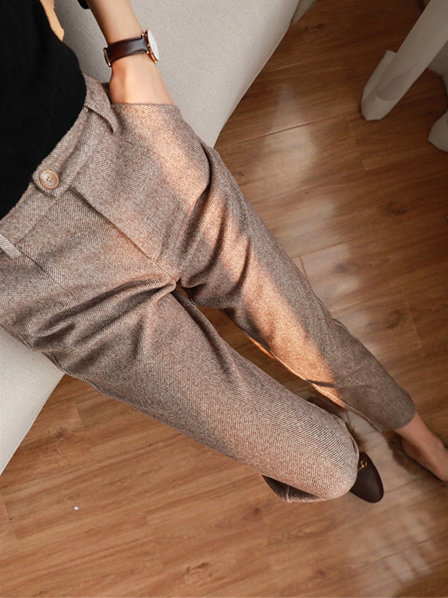 dames geklede broek visgraat broek fleece flanel cropped broek enkellange mode streetwear kantoor werk zwart askleurig s m herfst winter 2025 - $32.99 –P1