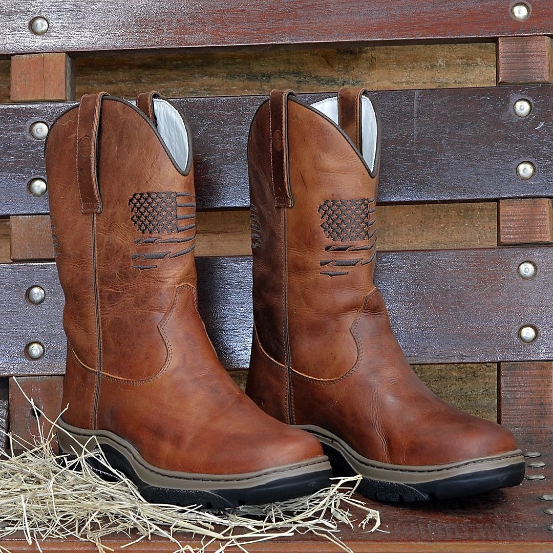 cowboyarbetsstövlar med präglade amerikansk flagga för män - slitstarka bruna västernstövlar i konstläder med robust sula för utomhus- och fritidskläder 2025 - $59.99 –P1
