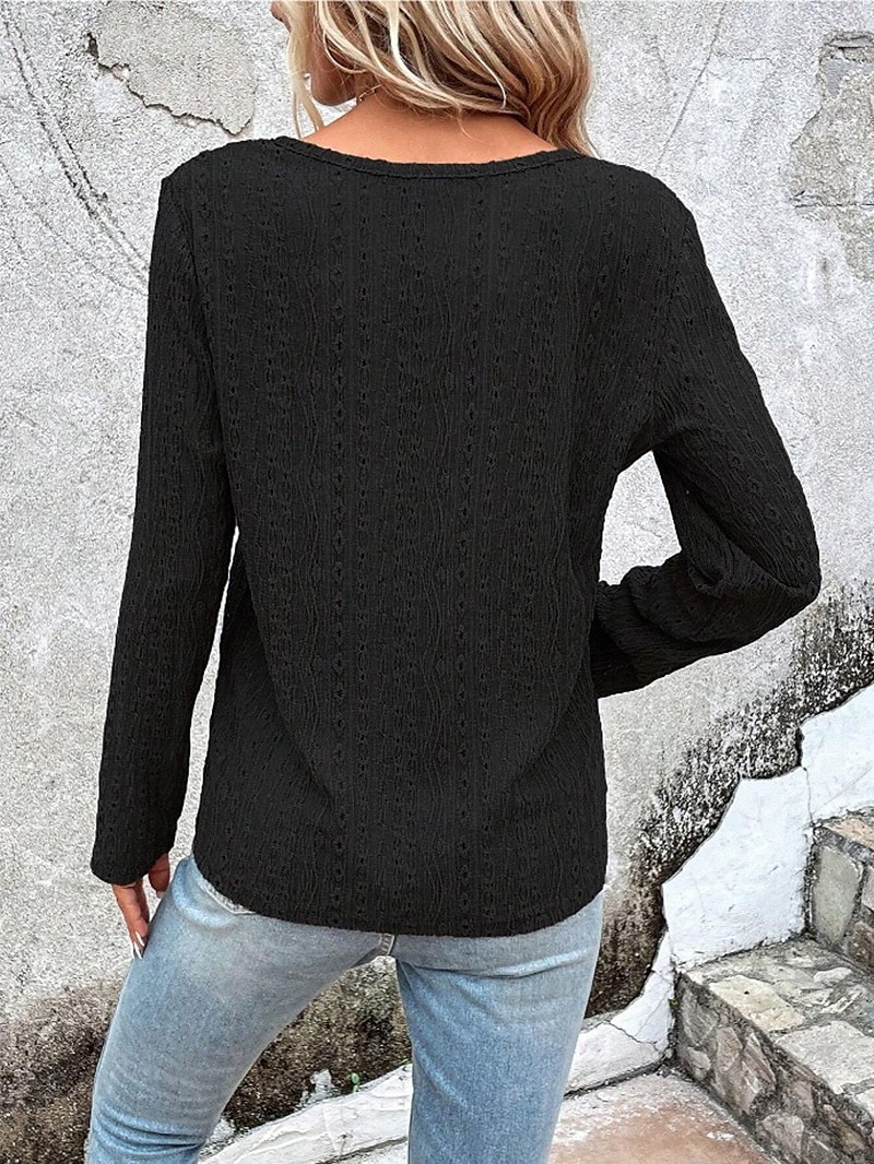 Women's Shirt Lace Shirt Blouse Eyelet top Color Block Plain Fashion Long Sleeve Round Neck Regular Tops Work Buttons Black White Purple Brown Beige Spring & Fall 2025 - $27.99 –P15