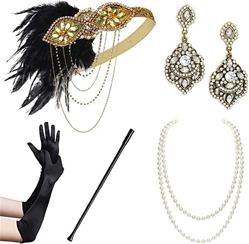 Szüret 1920-as évek A nagy Gatsby Flapper fejpánt Kiegészítő készlet Charleston Esküvői Vendég Toll Női Álarcos mulatság Esküvői fogadás Lánybúcsú Fesztivál Felnőttek Kesztyűk Fejpánt Minden évszak 2025 - $24.54 –P9
