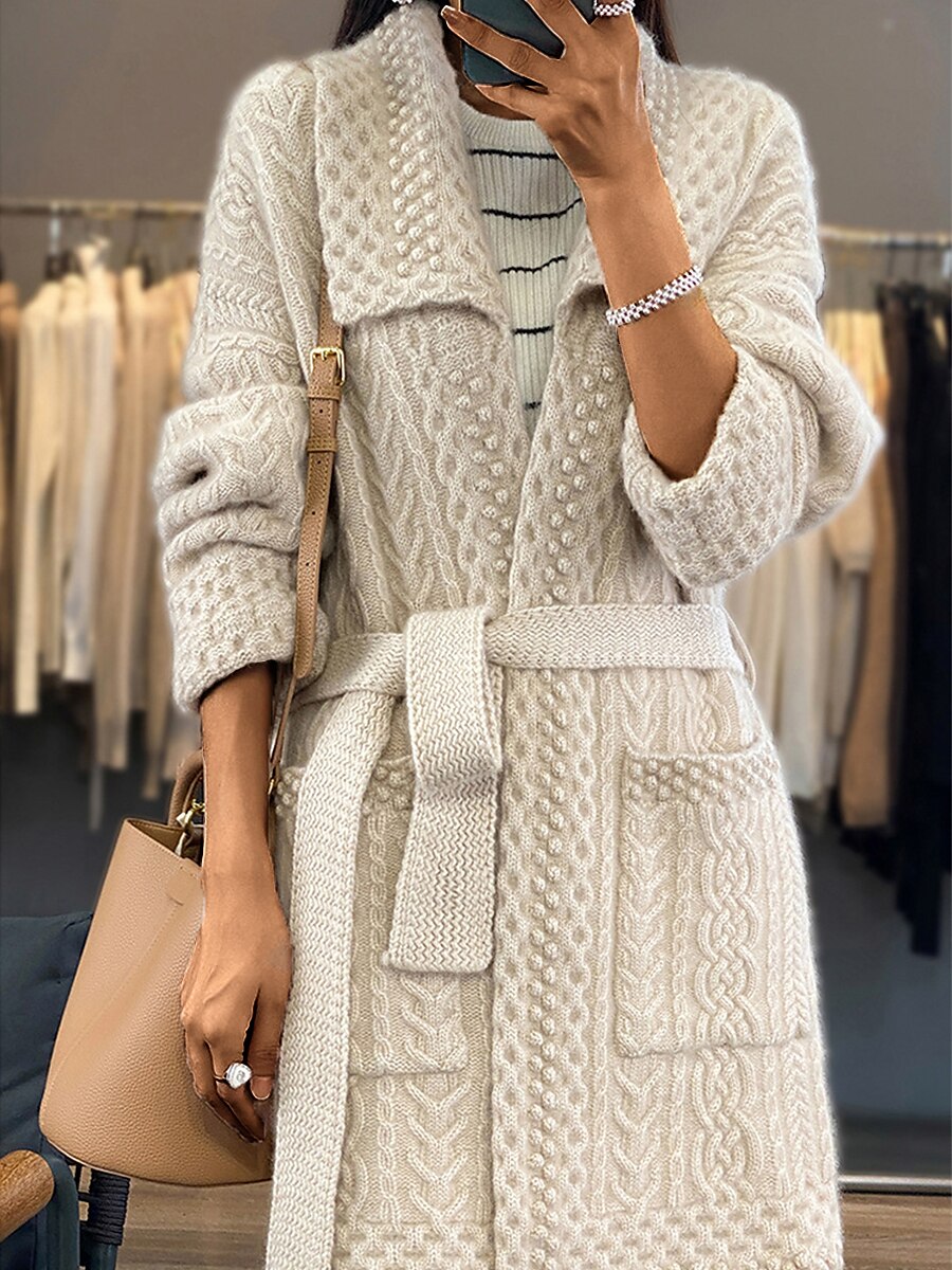 Women's Cardigan Sweater Jumper Cable Knit Long Lace up Button Solid Color Shirt Collar Stylish Casual Outdoor Holiday Fall Winter Beige S M L 2023 - US $45.99 –P1
