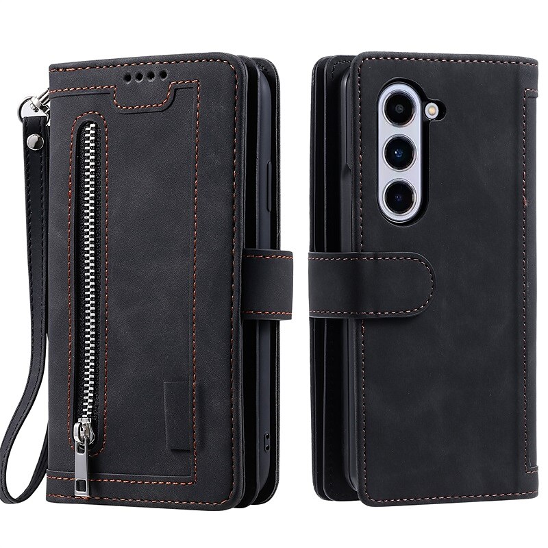 Funda para teléfono para Samsung Galaxy Z Fold 5 Z Fold 4 Z Fold 3 Funda de billetera con cremallera protección completa con correa para muñeca color liso de cuero PU 2025 - $21.99 –P9