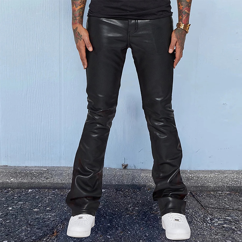 Men's Trousers Faux Leather Pants Casual Pants Pocket Plain Comfort Breathable Outdoor Daily Going out Fashion Casual Black Red 2025 - $32.99 –P1
