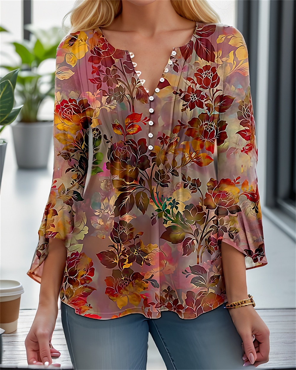 Γυναικείο T Shirt Henley Μπλούζα Μόδας Λουλουδάτη Κουμπιά Εκτύπωση 3/4 Μήκος Μανίκι Κανονικά Τοπ Στρογγυλή Λαιμόκοψη Casual Διακοπές Κόκκινο Μπλε Μωβ Πράσινο Άνοιξη  Φθινόπωρο 2026 - $26.99 –P1