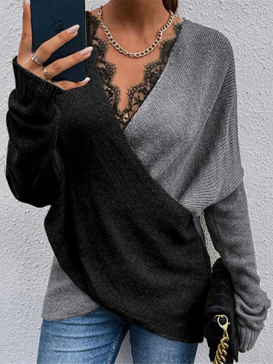 Women's Pullover Sweater Jumper Stylish Casual Soft Solid Color Ribbed V Neck Patchwork Criss Cross Lace Trims Long Sleeve Regular Tops Knit Daily Going out Weekend White Khaki Fall Winter 2025 - $52.99 –P3