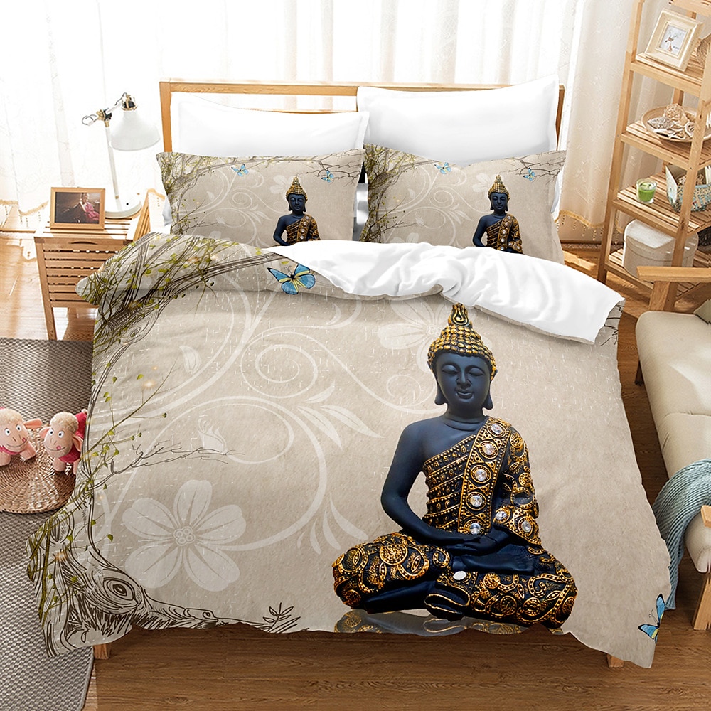 buddha mønstertrykk dynetrekk sengetøy sett dynetrekk med 1 trykktrykk dynetrekk eller trekk，2 putevar for dobbel/dronning/konge 2025 - $45.99 –P15