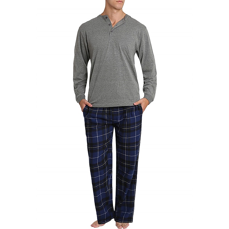 Per uomo loungewear Pigiami Set pigiama Top e pantalone del pigiama 2 pezzi A quadri Moda Informale Comoda Interni Giornaliero Misto cotone Comfort Henley Manica lunga maglietta Pantalone A del 2025 a $34.99 –P10