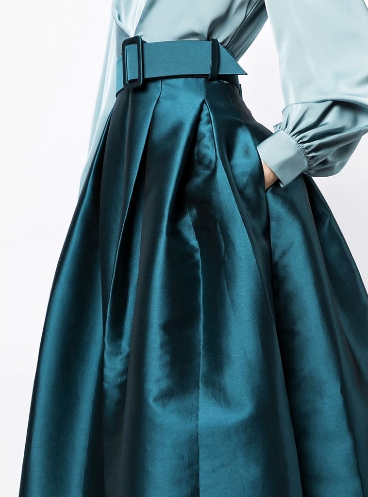 Green A-Line Evening Gown High Split Dress Formal Wedding Guest Floor Length Long Sleeve V Neck Belt / Sash Satin with Pleats Slit 2024 2024 - GBP £122 –P1