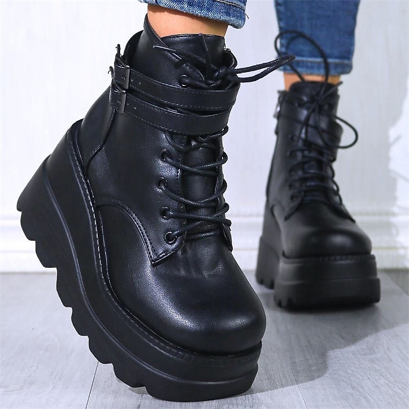 Mulheres Botas Botas com salto Coturnos Tamanhos Grandes Festa Ao ar livre Diário Côr Sólida Botas Botas Tornozelo Inverno Plataforma Salto Robusto Ponta Redonda Punk Moda Góticas Couro Ecológico Com de 2025 por $54.99 -P5