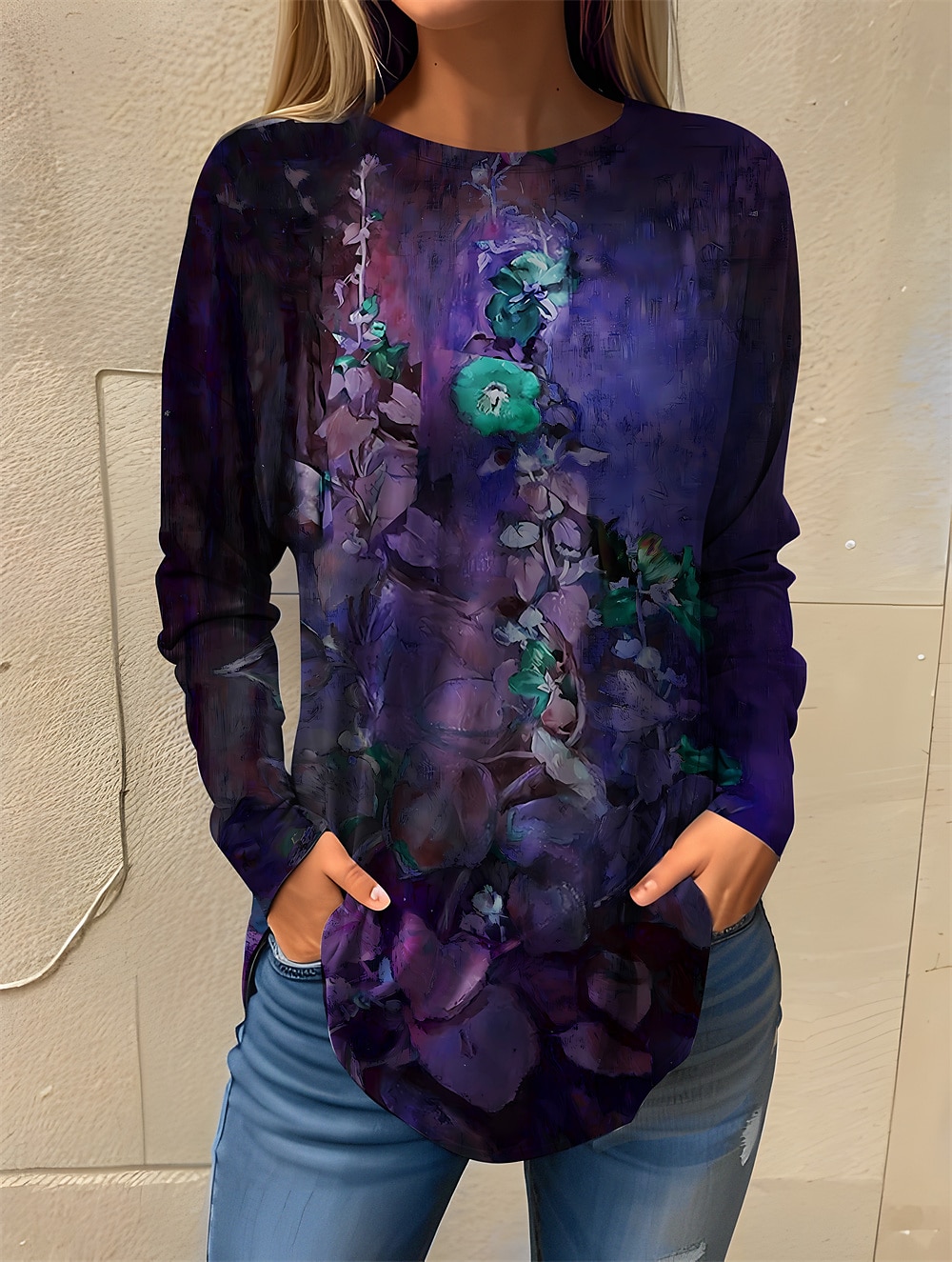 Pentru femei Tricou Floral Modă Manșon Lung Rotund Topuri obișnuite Concediu Sfârșit de săptămână Imprimeu Albastru piscină Mov Trifoi Primăvara & toamnă 2025 - $22.99 –P4