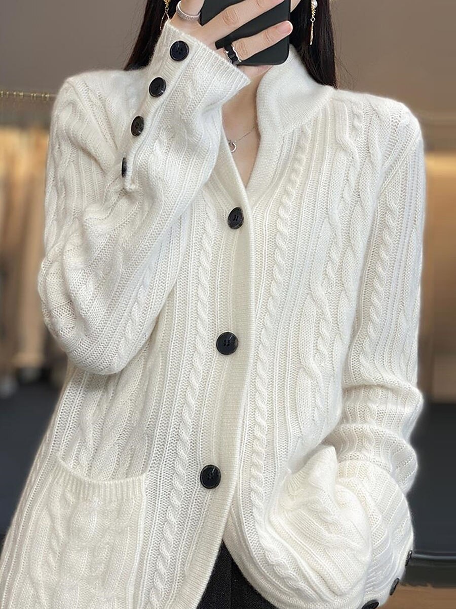 Women's Cardigan Sweater Stand Collar Cable Knit Rayon Button Pocket Fall Winter Outdoor Daily Going out Stylish Casual Soft Long Sleeve Solid Color White Brown Beige S M L 2023 - US $35.99 –P11