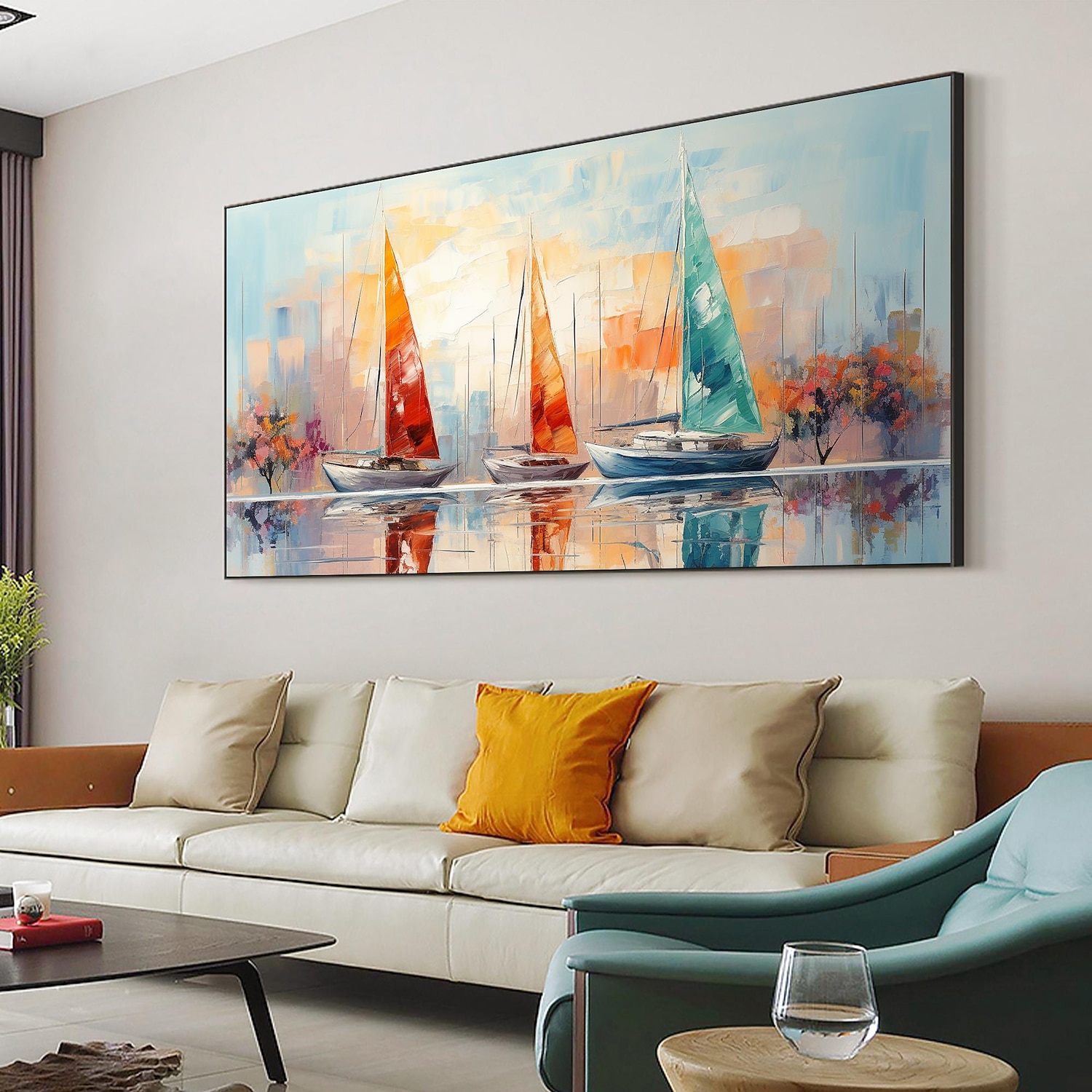peinture à l'huile faite à la main toile mur art décor original voilier coloré en entier pour la décoration intérieure avec cadre étiré sans peinture de cadre intérieur de 2025 ? $158.99 –P15