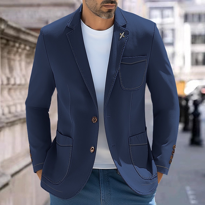Per uomo Laurea Blazer Giacca di Jeans Affari Serata Formale Ricevimento di matrimonio Moda Casual Primavera & Autunno Denim Semplice Tasca Casual / Quotidiano Monopetto due bottoni Giacca Nero Blu del 2026 a $71.99 –P1