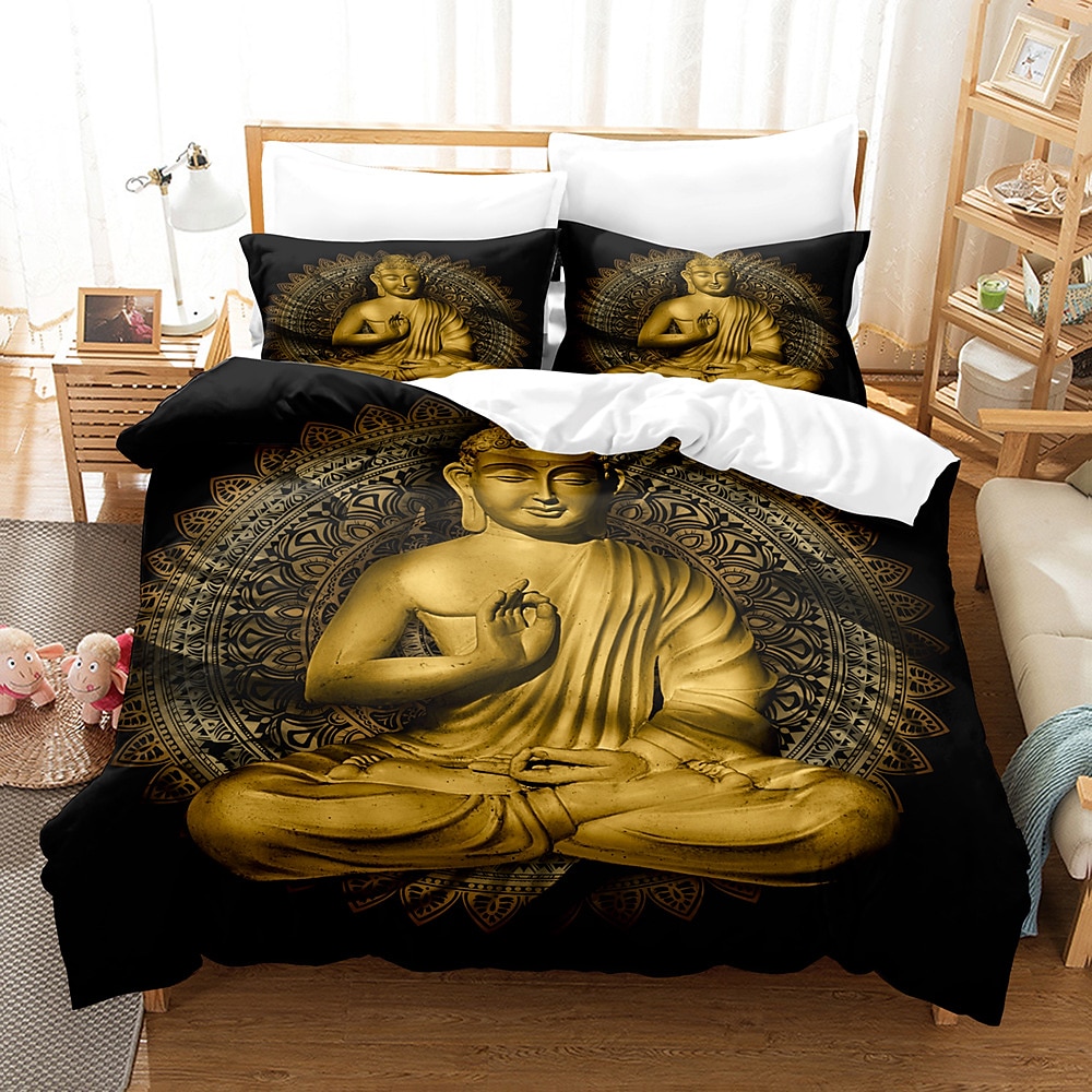 buddha mønstertrykk dynetrekk sengetøy sett dynetrekk med 1 trykktrykk dynetrekk eller trekk，2 putevar for dobbel/dronning/konge 2025 - $45.99 –P11
