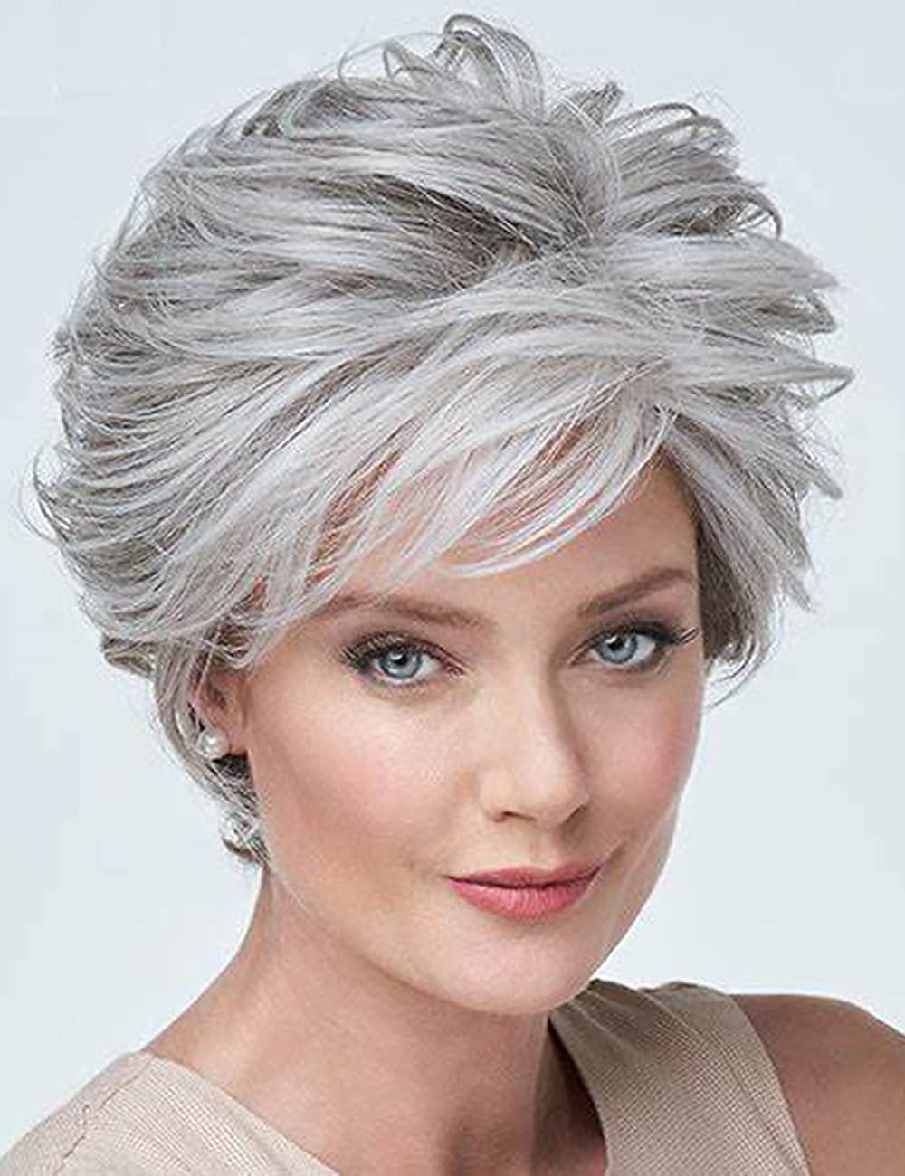 Short Grey Pixie Cut Wigs for Women layered Synthetic Hair Mixed Gray Wig with White Bangs Natural Wavy Wigs for Old Lady 2025 - $24.99 –P20