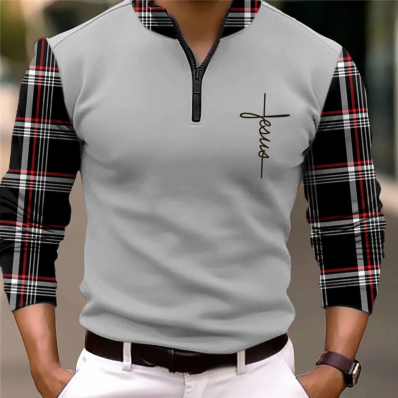 Herren Karomuster Glaube Reißverschluss-Polo Golf Poloshirts Langarm Polo-Shirts Reißverschluss Vintage Outdoor Streetwear Alltagstauglich 3D Druck Herbst Winter Grau 2026 - $25.99 –P3