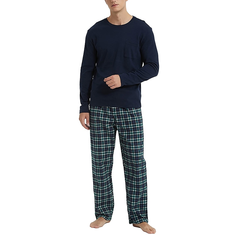 Herr Vardagsklädsel Sovkläder Pyjamas set Pyjamastopp och byxa 2 delar Rutig Stylish Ledigt Komfort Hem Dagligen Bomullsblandning Komfort Rund hals Långärmad T-shirt Byxa Snörning Elastisk midja 2025 - $33.99 –P14