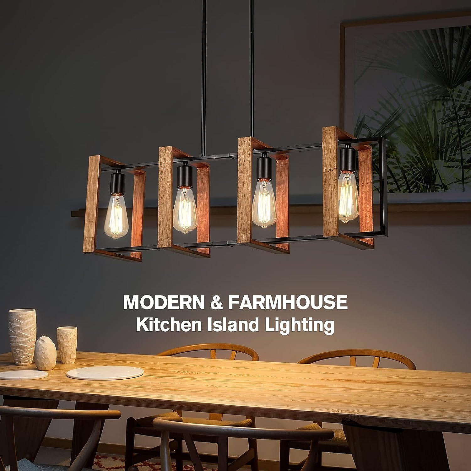 Kitchen Island Lighting, 4 - Light Dining Room Farmhouse Pendant Light, Black Modern Pendant Light, Pool Table Lamp, Wood and Matte Black Metal Finish (4 Heads, Wood) 110-240V 2025 - $249.39 –P3