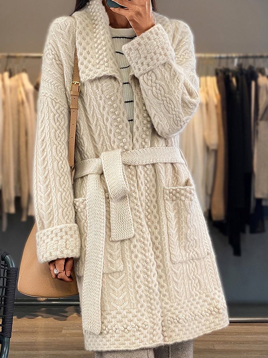 Women's Cardigan Sweater Jumper Cable Knit Long Lace up Button Solid Color Shirt Collar Stylish Casual Outdoor Holiday Fall Winter Beige S M L 2023 - US $45.99 –P2