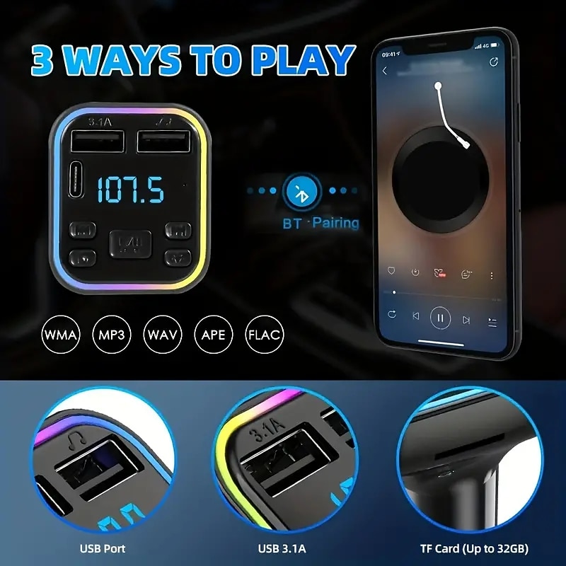 2025年 bt カーキット fm トランスミッター pd タイプ c デュアル usb 3.1a 急速充電器カラフルな周囲光オーディオ受信機ハンズフリー mp3 ワイヤレス車の mp3 プレーヤー コレクション – $12.99 –P5